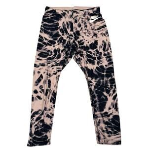 Nike Women's Black Pink Tie Dye Mid Rise Elastic Waist Cropped Leggings Sz Small
